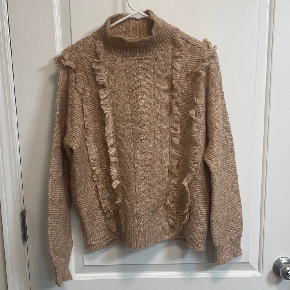 Cozy Tan Sweater with Fringe Details